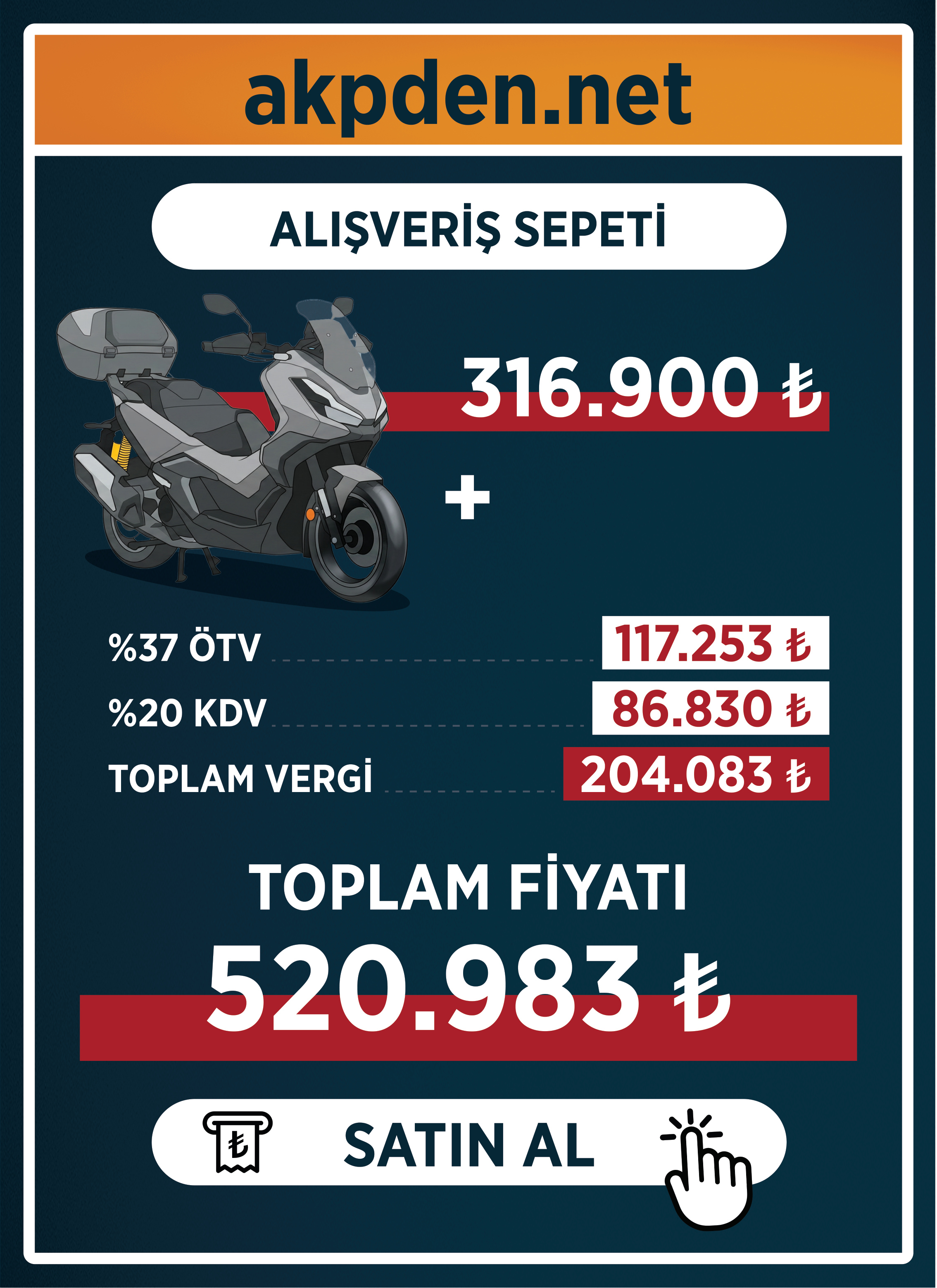 ÖTV ve KDV ile toplam motosiklet fiyatı: ₺ 520.983